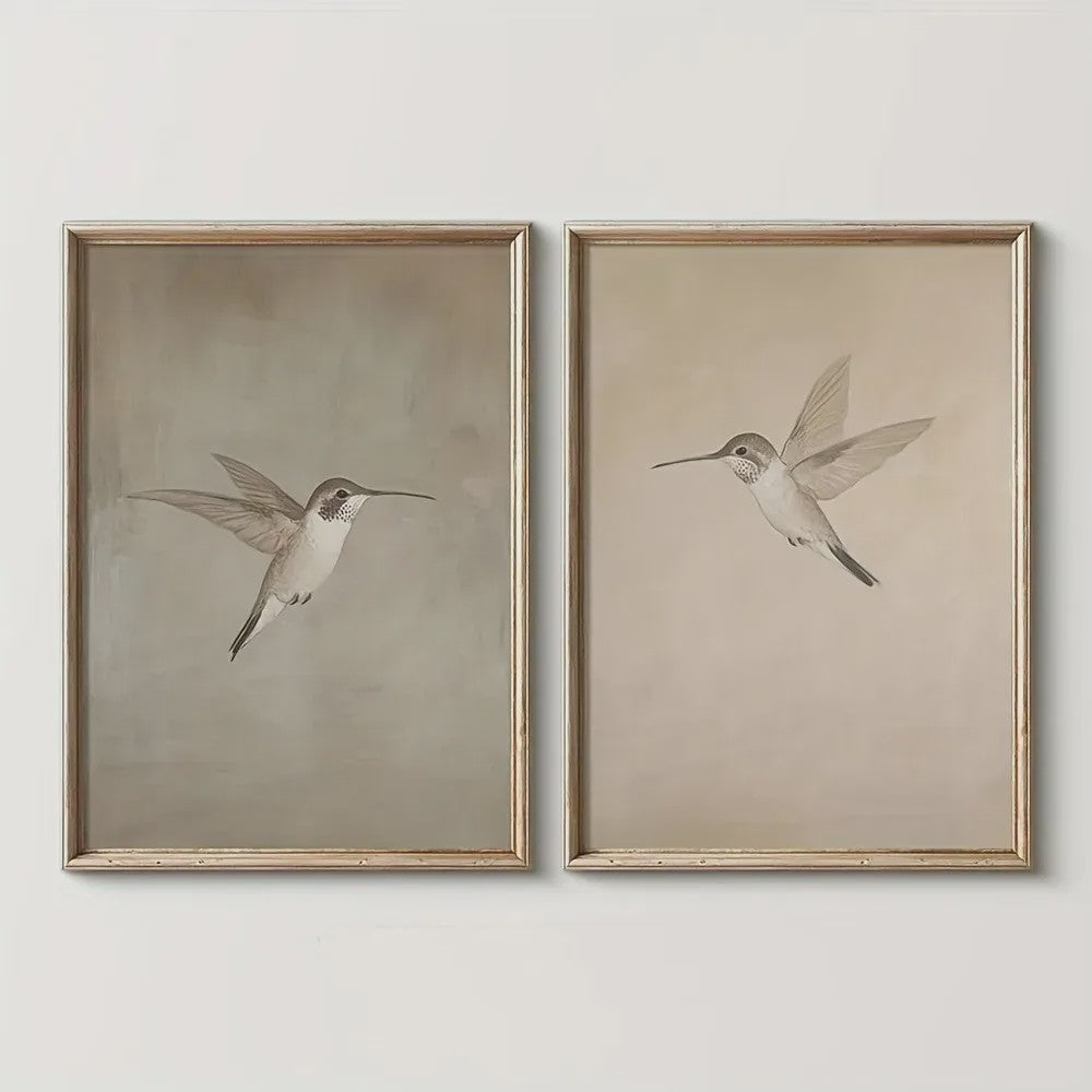 Set van 2 Frameloze Retro Kolibrie Canvas Posters - Landelijke Stijl Wanddecoratie