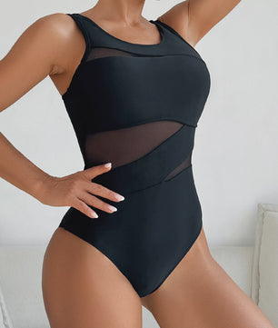 Dames Zwart Badpak met Mesh Inzet en Twee Schouderbanden