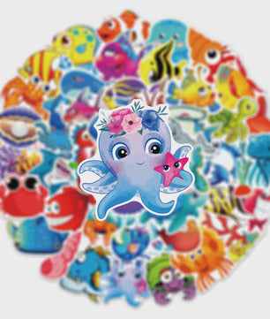 50x Schattige Zeedieren Cartoon Stickers - Oceaan Wereld, Koraal & Kwallen Decoratie voor Laptop & Dagboek