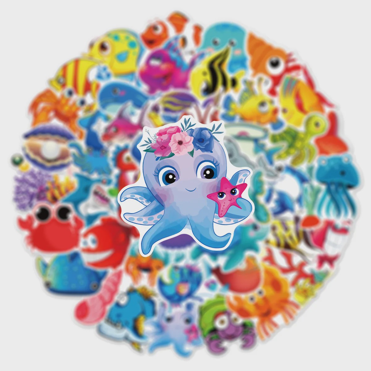 50x Schattige Zeedieren Cartoon Stickers - Oceaan Wereld, Koraal & Kwallen Decoratie voor Laptop & Dagboek