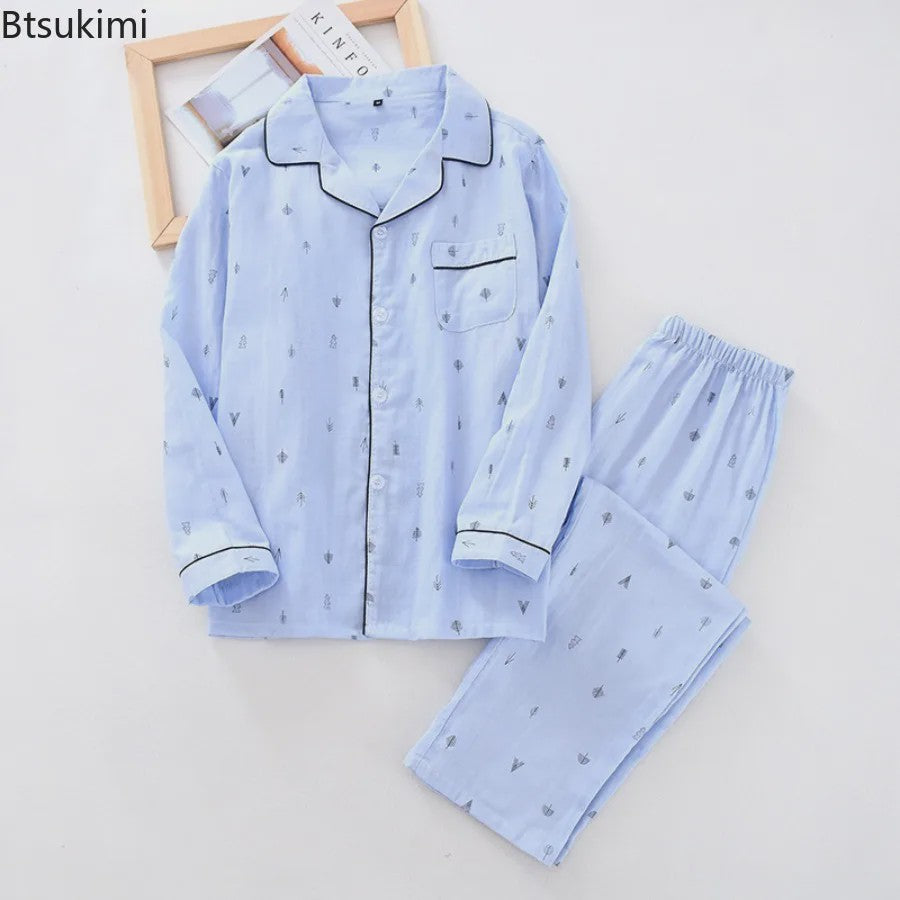 Heren Pyjama Set van 100% Katoen Gauze - Korte Mouw & Print - Comfortabele Homewear voor Zomer