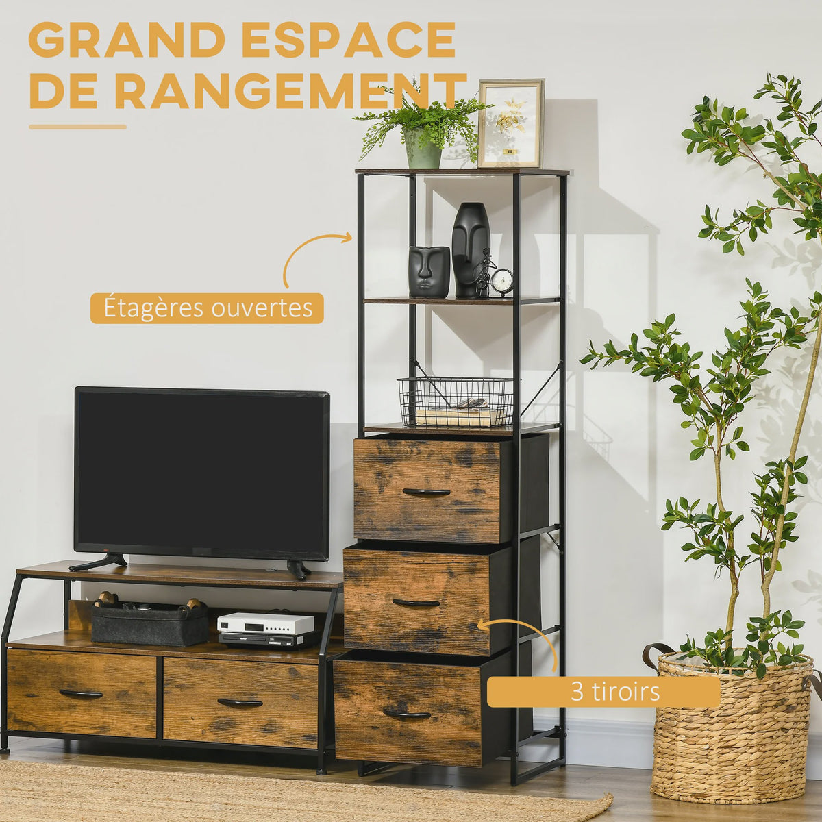 Industrieel Opbergmeubel met Planken en 3 Stoffen Lades - 44x40x155 cm