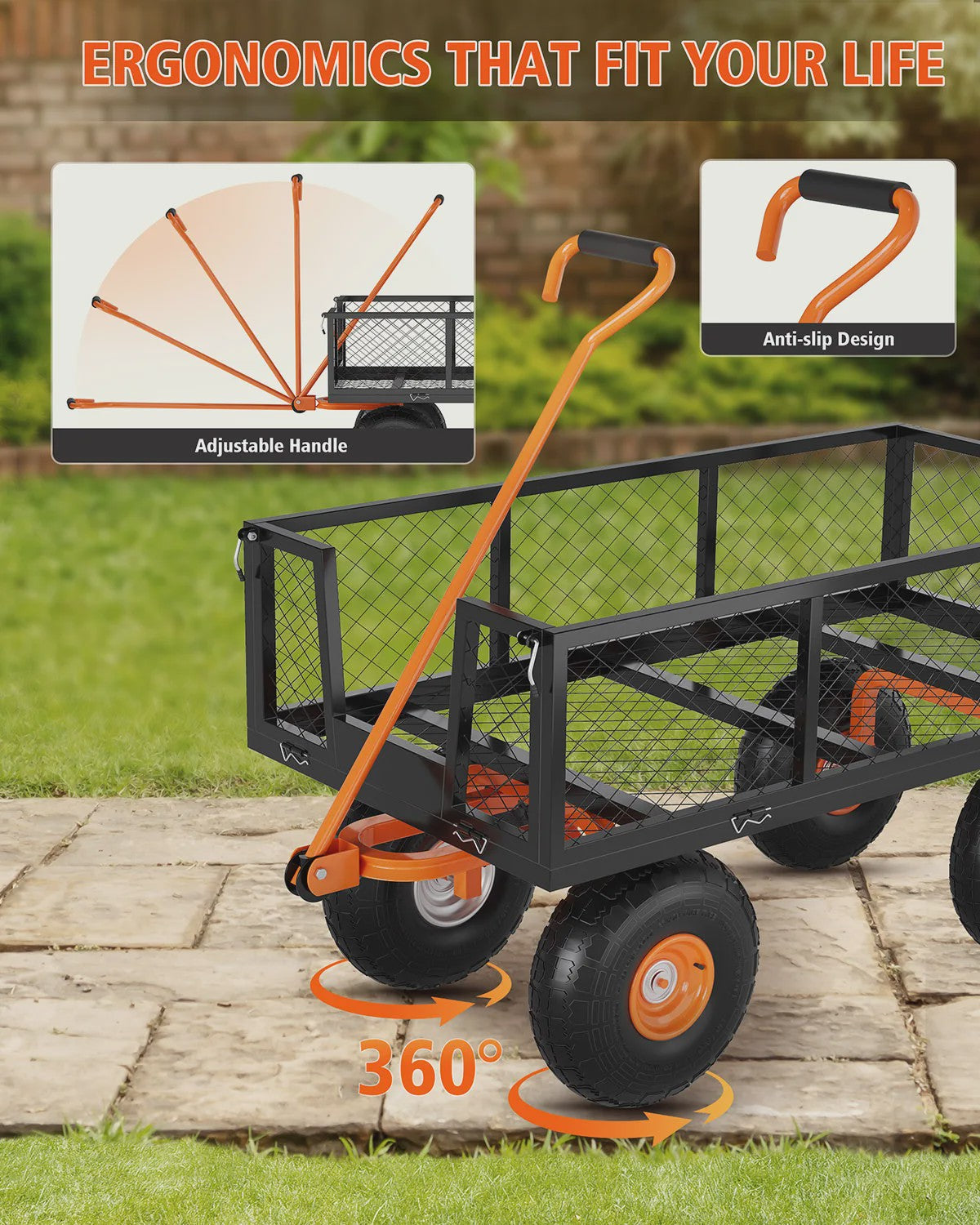 Robuuste Stalen Tuinwagen - 400kg Laadvermogen, Afneembare Zijden, All-Terrain Wielen