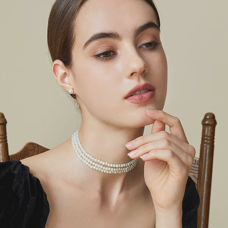 Elegante Multi-Rij Parel Choker Ketting - Handgemaakt Vintage Sieraad