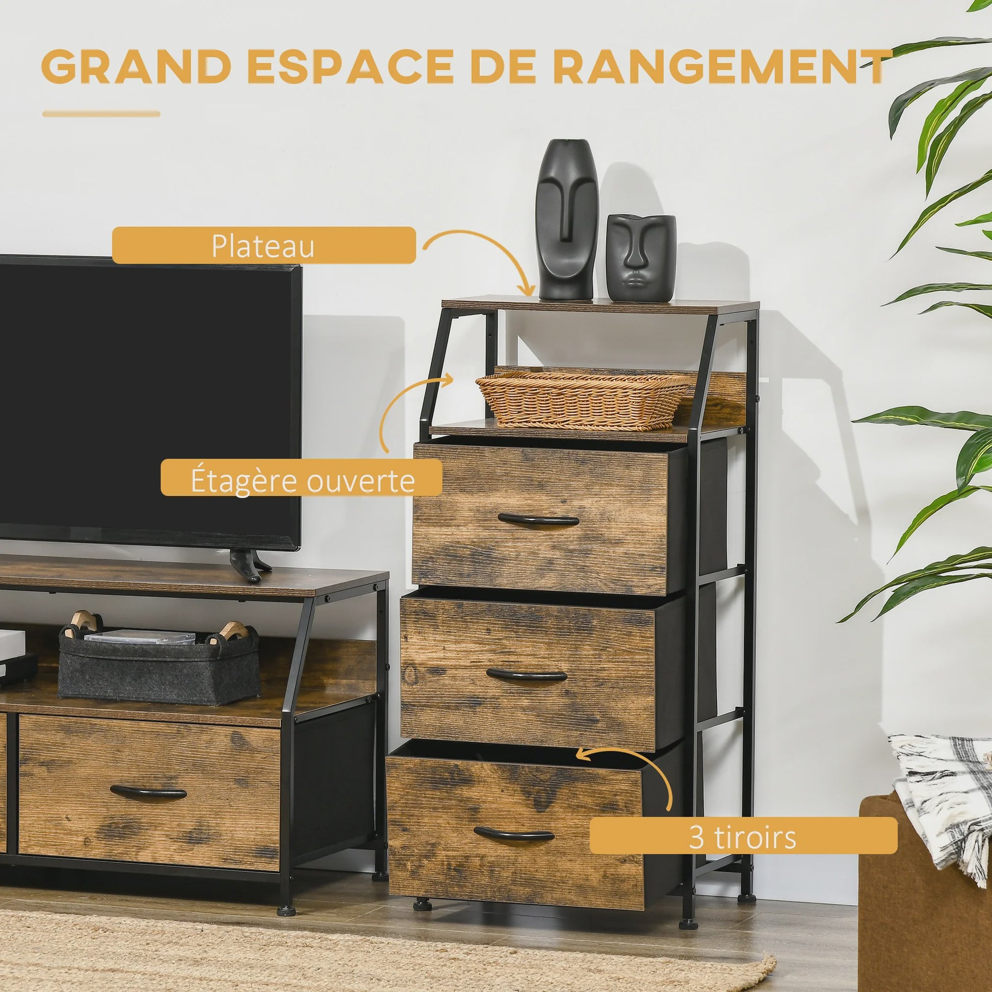 Industriële Ladekast met 3 Lades en 2 Open Planken - 44x29x92 cm