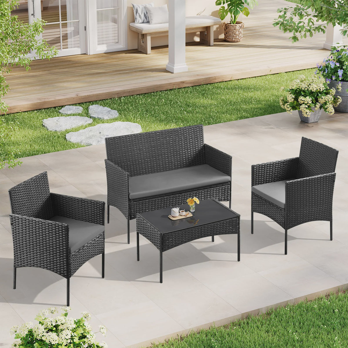 Luxe Rotan Tuinmeubelset: 2 Fauteuils, 1 Bank & Salontafel - Weerbestendig voor Balkon & Tuin
