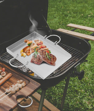 RVS Grillplaat met Handvatten en Spatels - Ideaal voor Buiten BBQ, Camping & Familie Diner