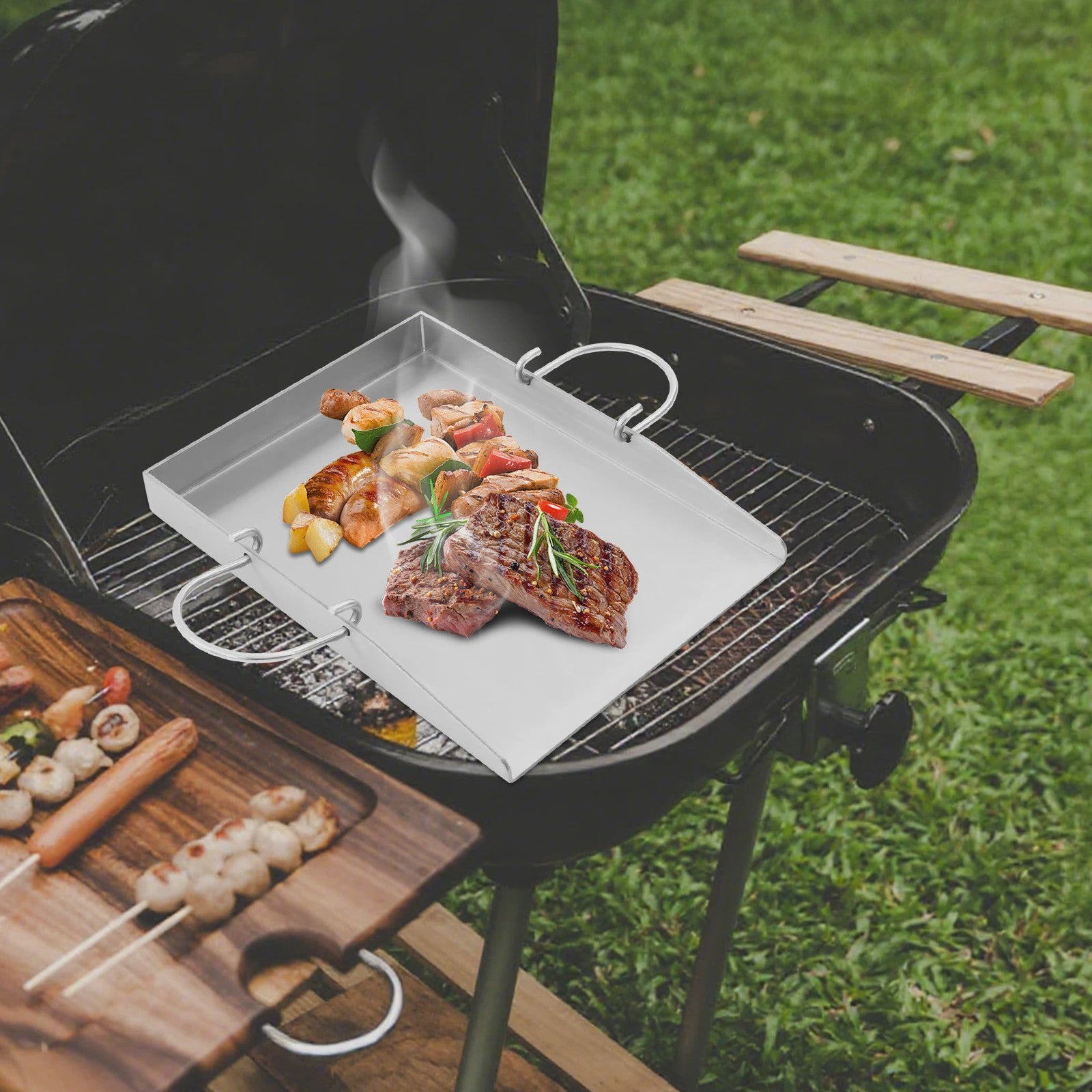 RVS Grillplaat met Handvatten en Spatels - Ideaal voor Buiten BBQ, Camping & Familie Diner