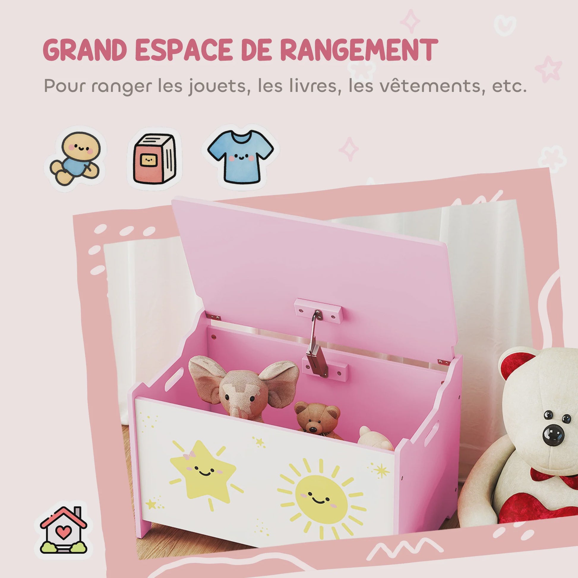 Roze Speelgoedkist met Deksel en Veiligheidsscharnieren - Ruim en Decoratief