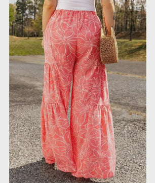 Zomerse Plus Size Wijde Pijp Broek met Bloemenprint en Elastische Tailleband