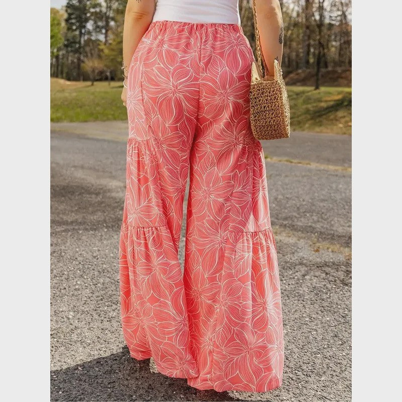 Zomerse Plus Size Wijde Pijp Broek met Bloemenprint en Elastische Tailleband