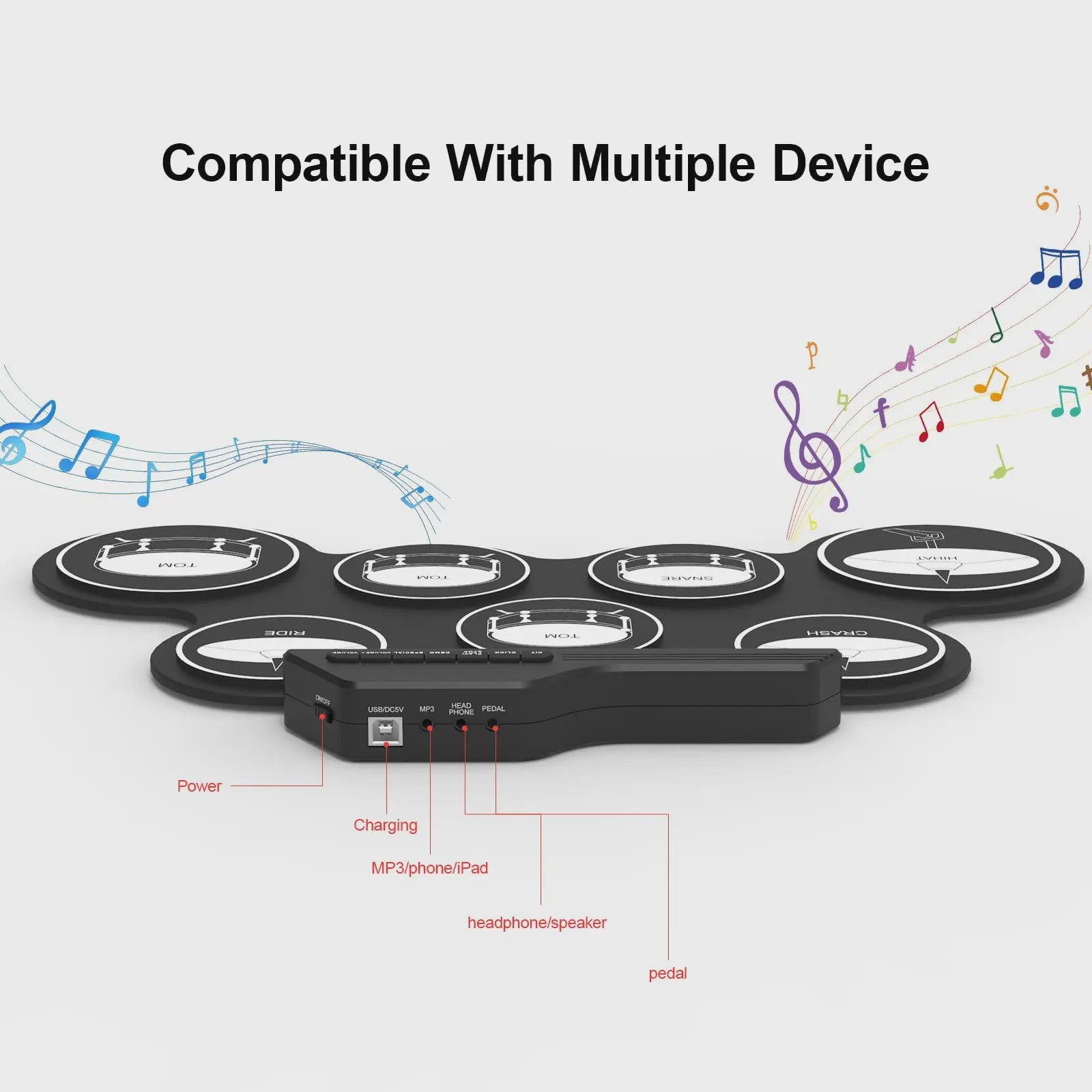 Compacte USB Roll-Up Elektronische Drumstel Set met 7 Pads, Drumstokken en Voetpedaal - Ideaal voor Beginners