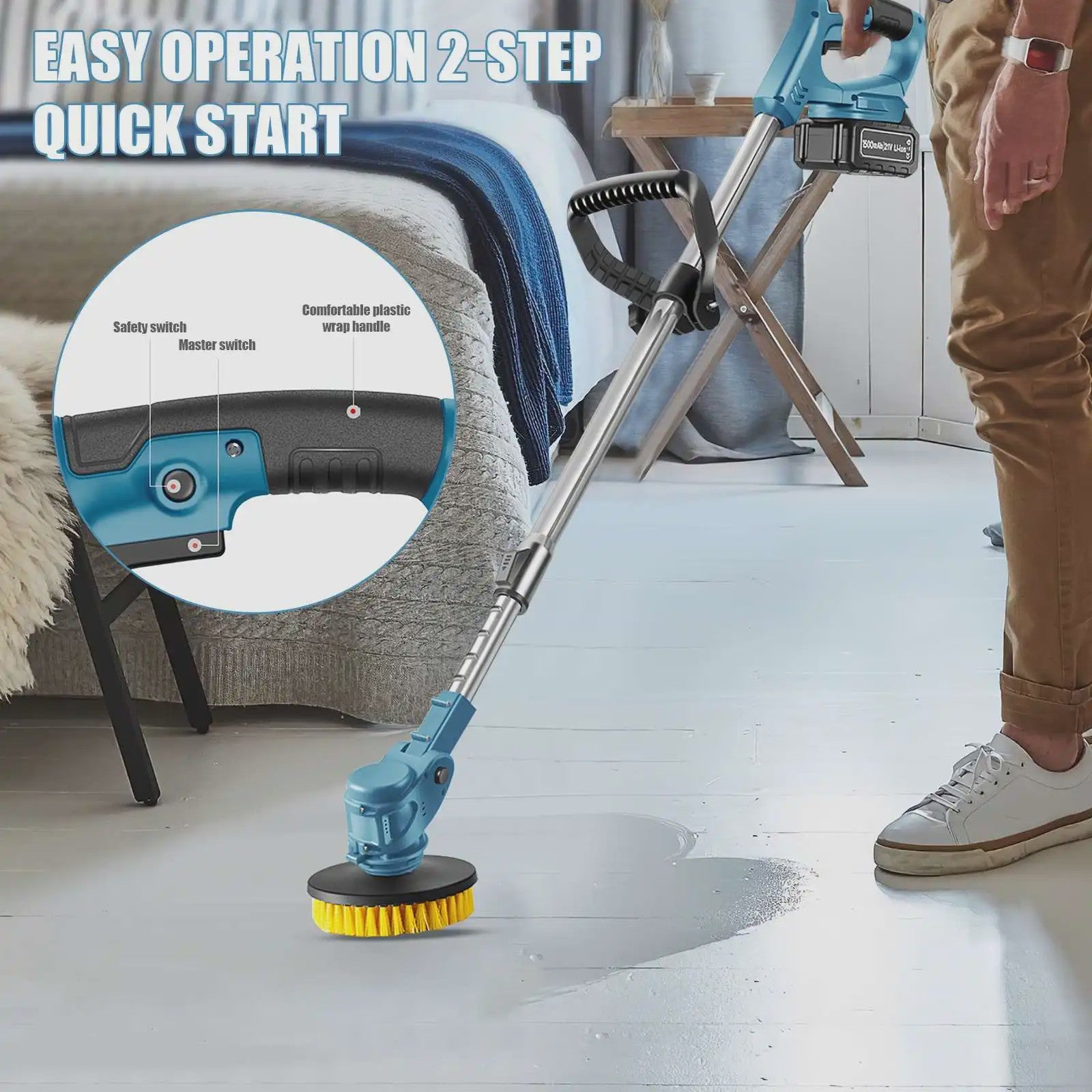 Draadloze Spin Scrubber: 800W Elektrische Schoonmaakborstel met Telescoopsteel & 21V Batterij