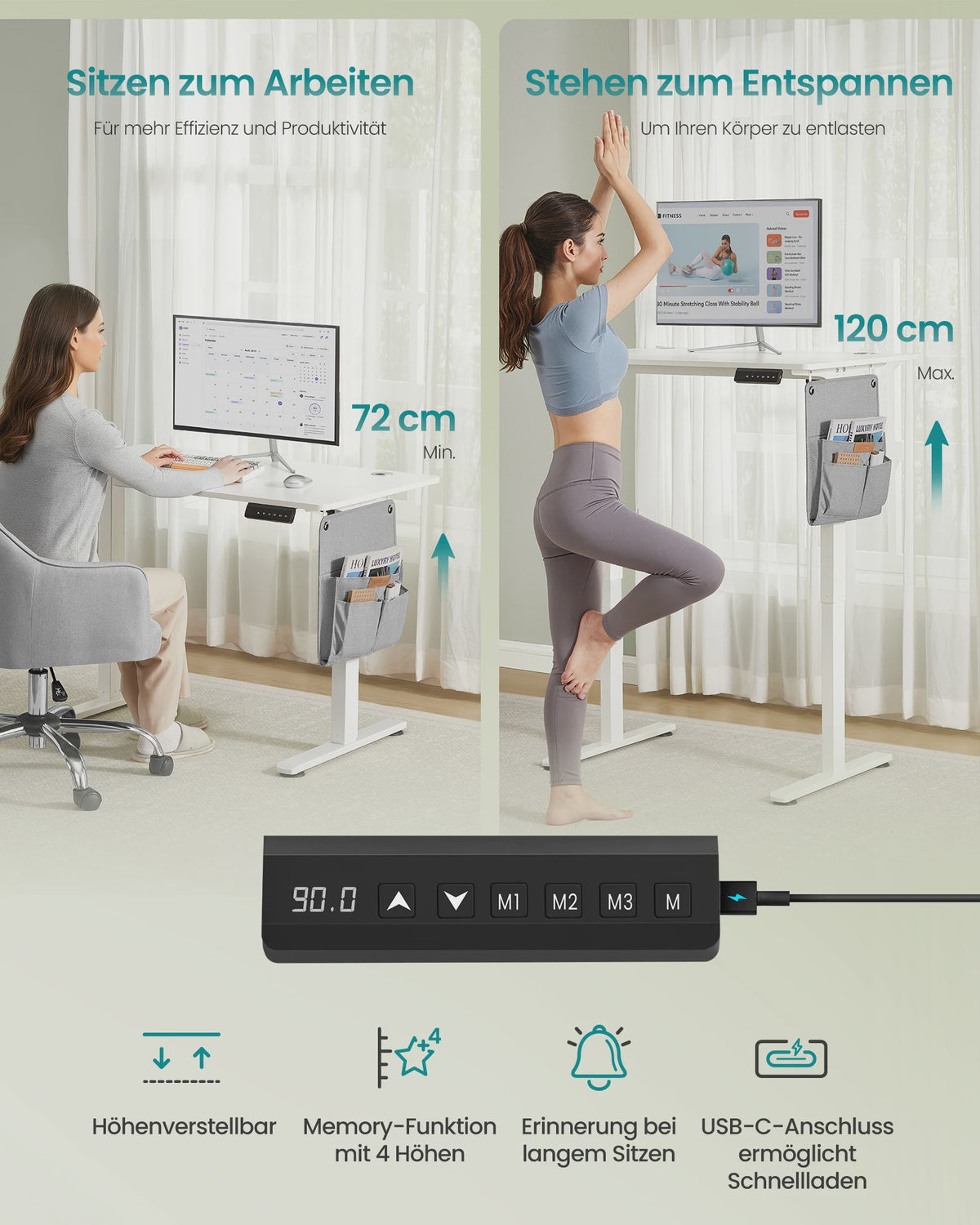 SONGMICS Elektrisch Inhoogte Verstelbaar Bureau 100x60 cm met USB-C en Memory Functie