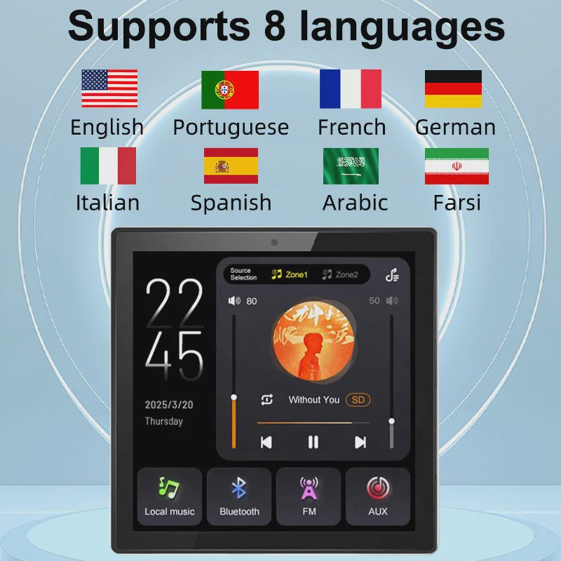 Slimme 2-Zone Wandversterker met Touchscreen: Bluetooth, AUX, TF & FM voor Thuisbioscoop