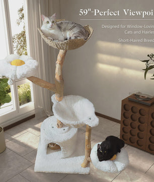 Luxe Kattenboom 150cm met Wicker Manden, Krabpaal & Bloemenplateaus
