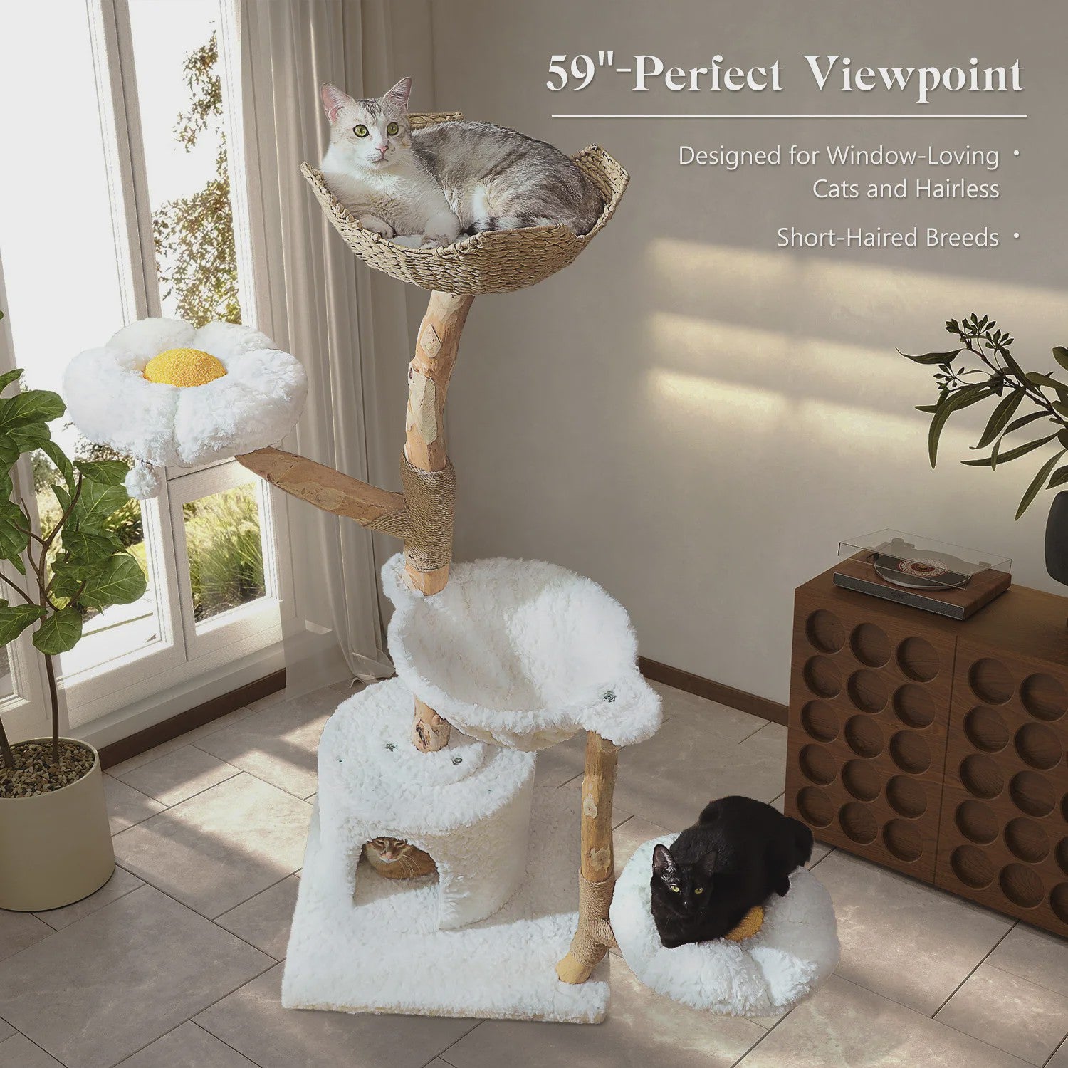 Luxe Kattenboom 150cm met Wicker Manden, Krabpaal & Bloemenplateaus