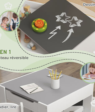 HOMCOM Kinder Tafel en Stoelen Set: 3 Delig met Opbergruimte en Omkeerbaar Zwart Blad