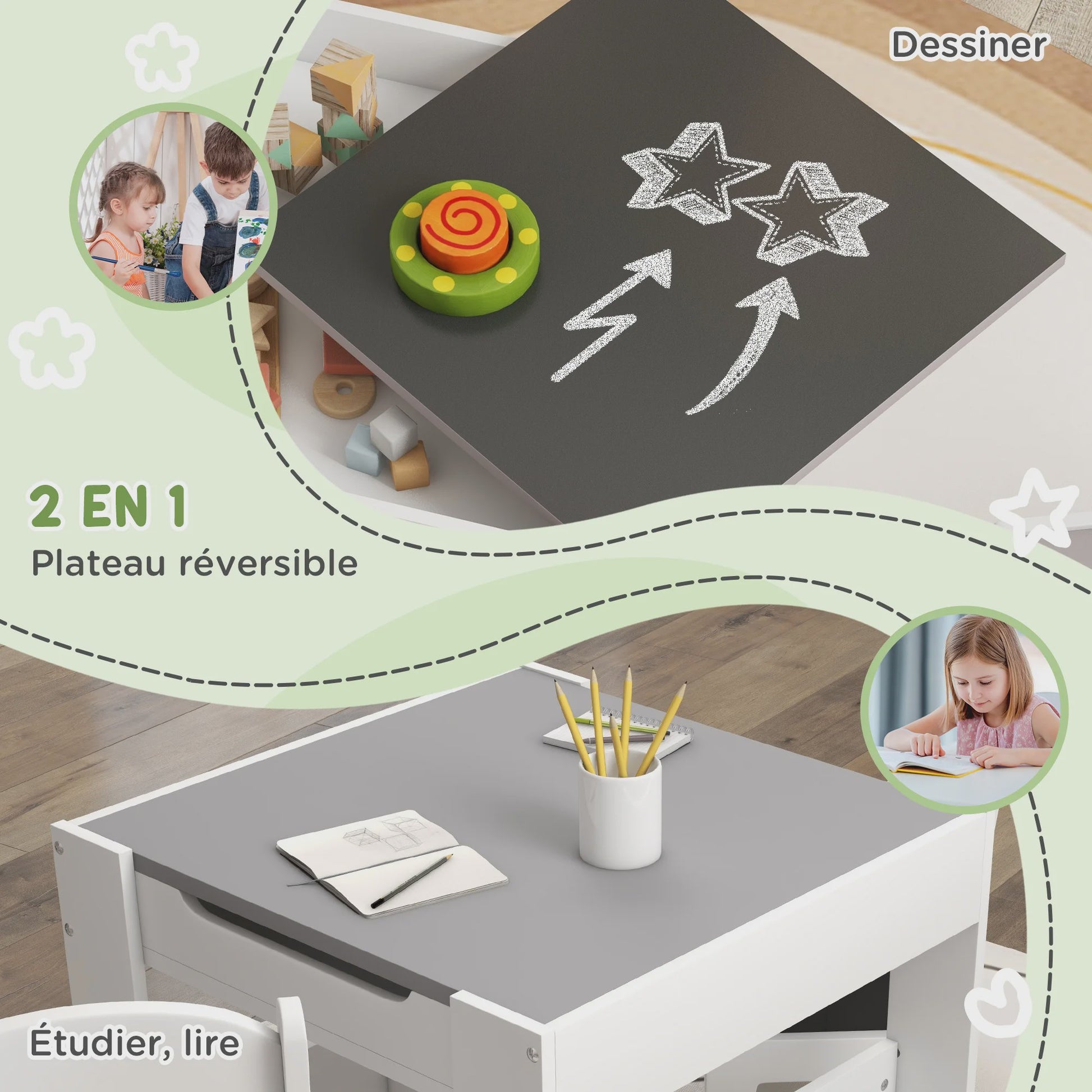 HOMCOM Kinder Tafel en Stoelen Set: 3 Delig met Opbergruimte en Omkeerbaar Zwart Blad