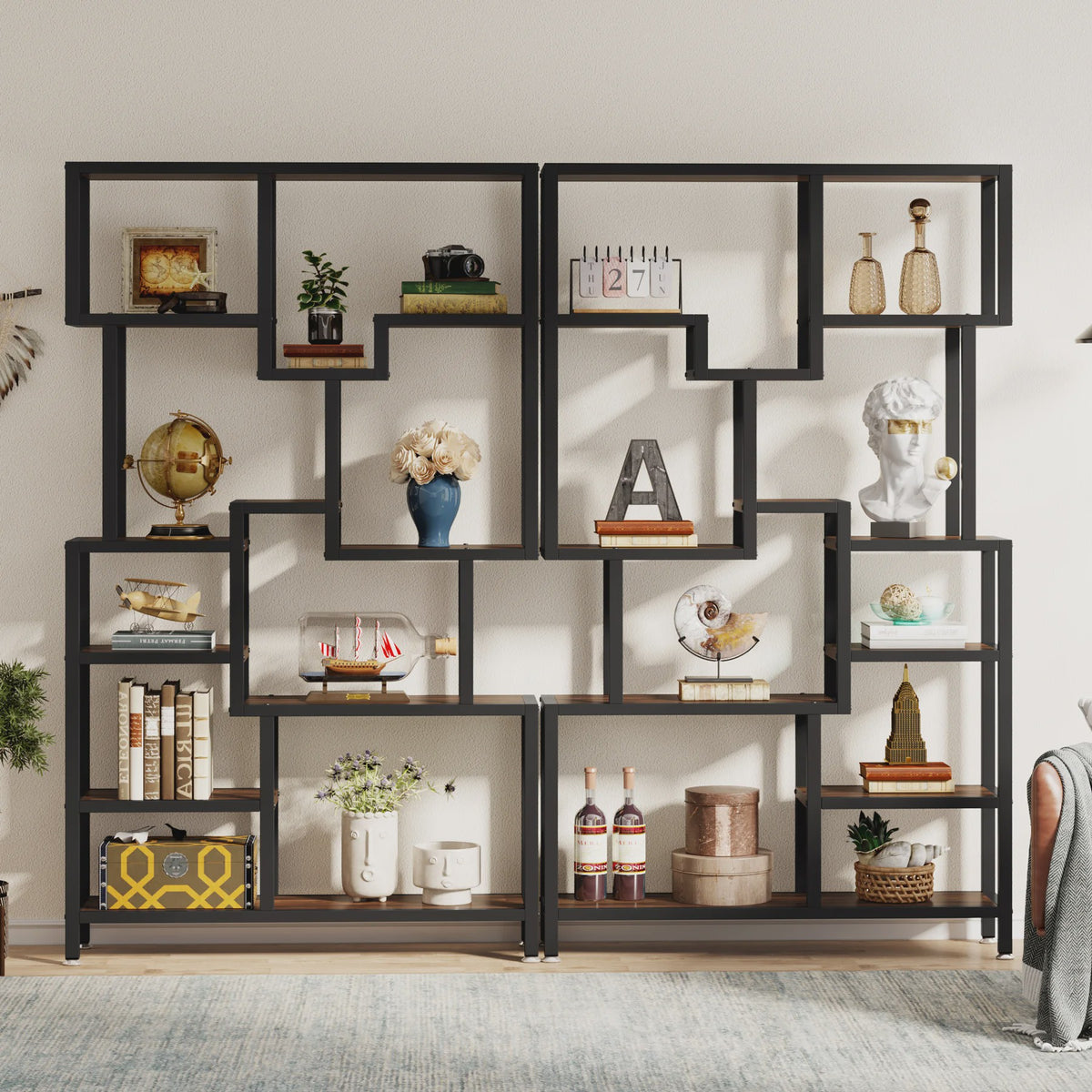 Industriële Boekenkast 7-Laags - 180cm Hoge Etagere met Metalen Frame & Rustiek Bruine Houten Planken