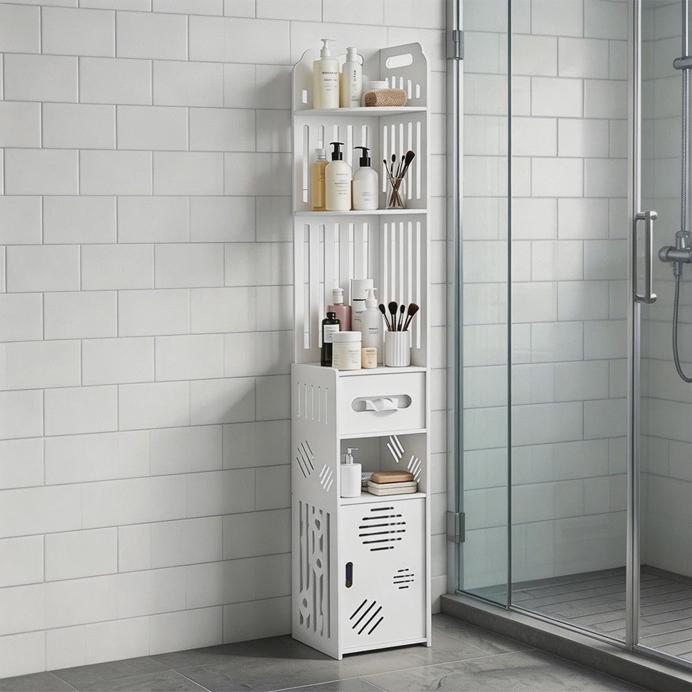 Stijlvolle Witte Hoek Badkamerkast met Verstelbare Planken en Toiletrolhouder - 20x19x120cm