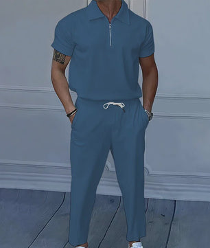 Zomer Heren Pak: Casual Short Sleeve Polo met Rits en Comfortabele Broek