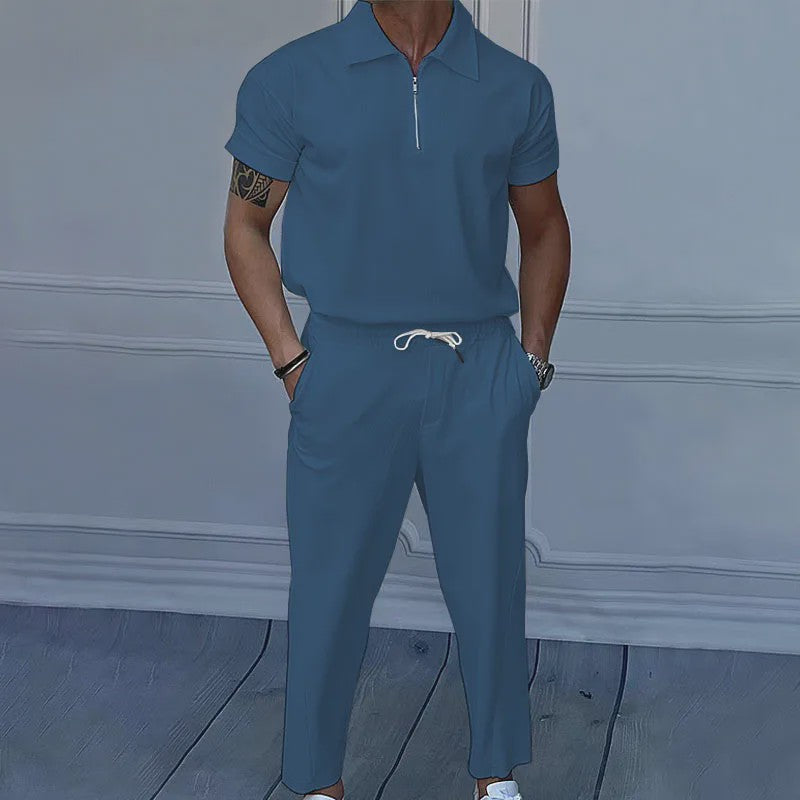 Zomer Heren Pak: Casual Short Sleeve Polo met Rits en Comfortabele Broek