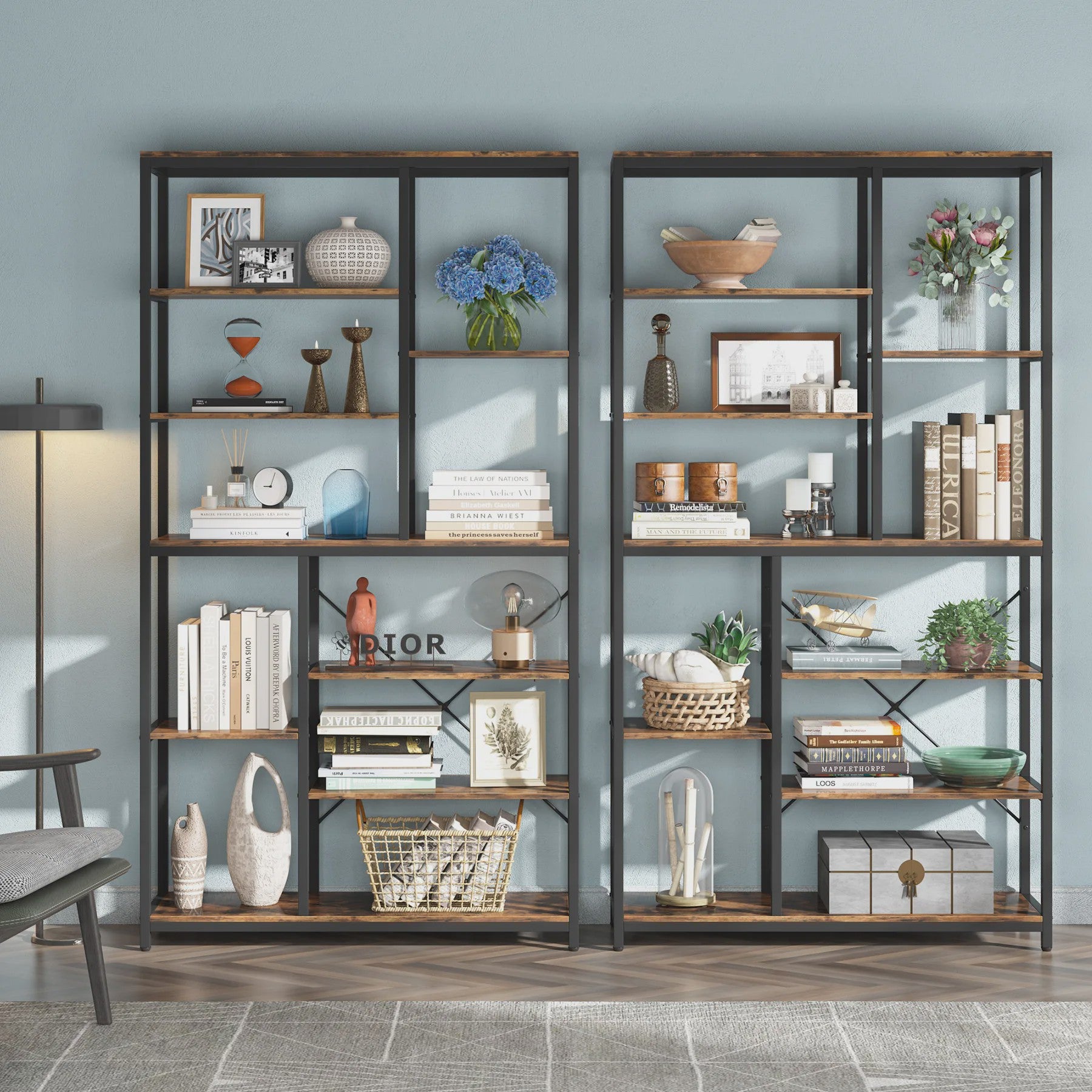 Industriële Boekenkast 79 Inch - 9 Lagen, 10 Vakken Open Opbergrek