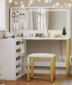 Kaptafel met Verlichting en Spiegel, Wit Chipboard, Inclusief Krukje en Lades