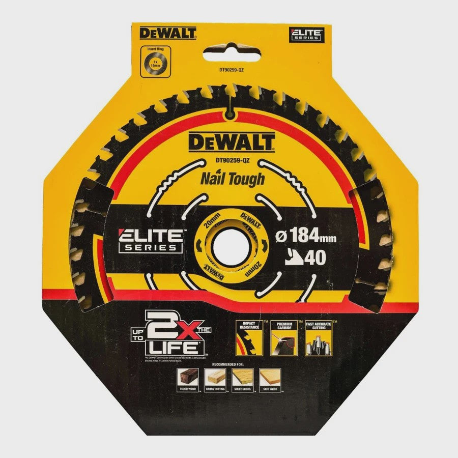 DeWalt DT90259-QZ Houtzaagblad 184mm x 20mm, 40T - Robuust Cirkelzaagblad voor Constructie