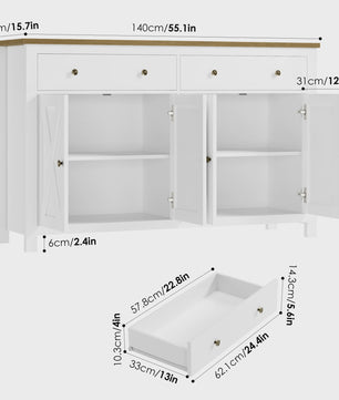 Groot Wit Dressoir met 2 Lades en 4 Deuren - Stijlvolle Opbergkast voor Woon- en Eetkamer (140x40x89cm)