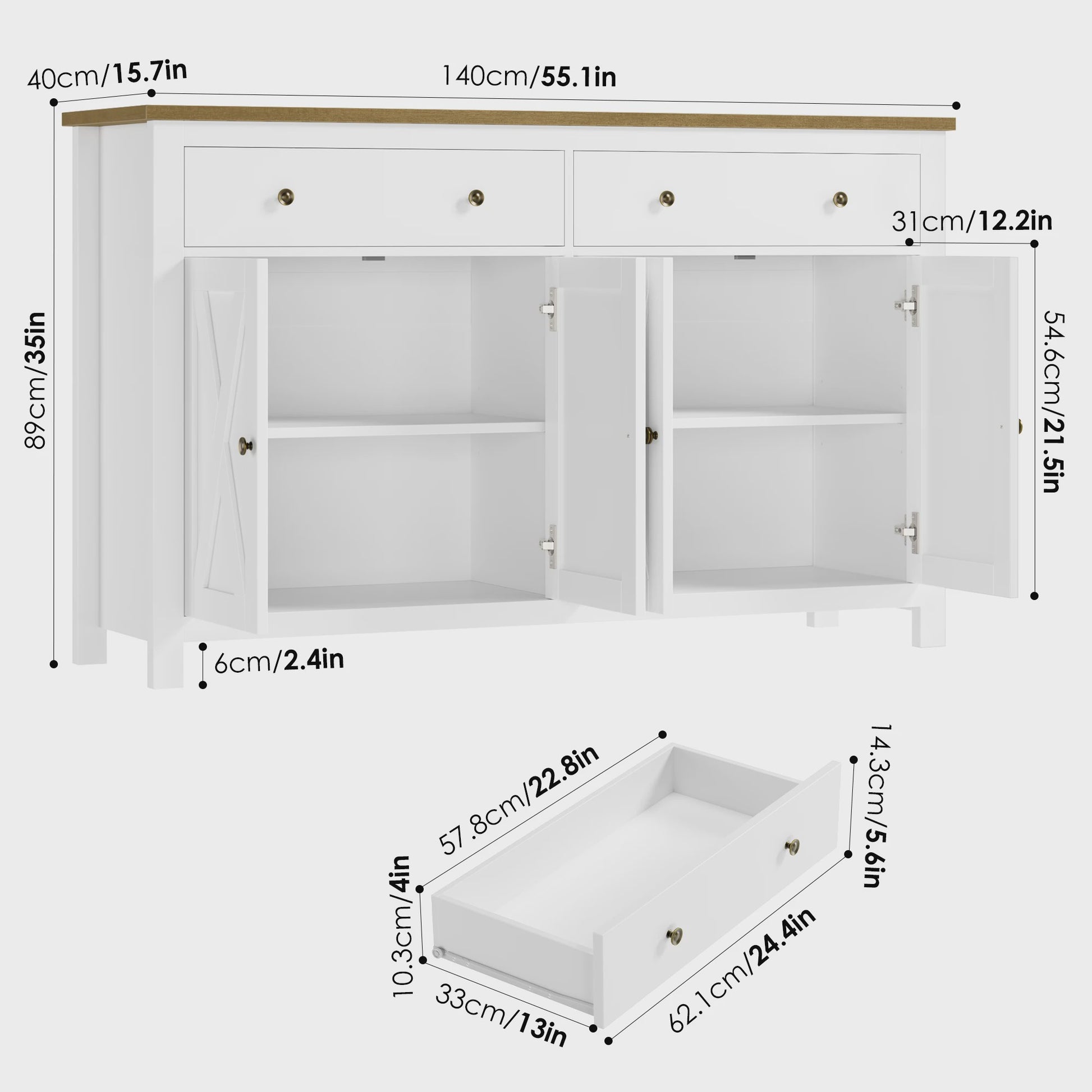 Groot Wit Dressoir met 2 Lades en 4 Deuren - Stijlvolle Opbergkast voor Woon- en Eetkamer (140x40x89cm)