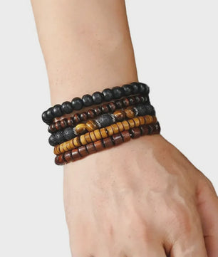 Set van 12 Vintage Armbanden: Gevlochten Kunstleer met Tijgeroog & Maansteen Kralen