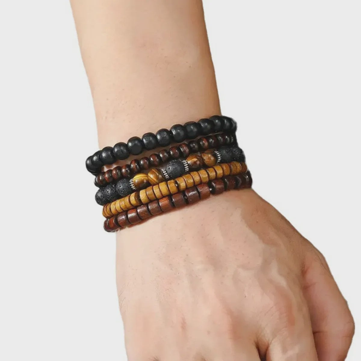 Set van 12 Vintage Armbanden: Gevlochten Kunstleer met Tijgeroog & Maansteen Kralen