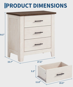 3-Laden Commode Wit Bruin - Compact Nachtkastje en Ladekast voor Slaapkamer/Woonkamer