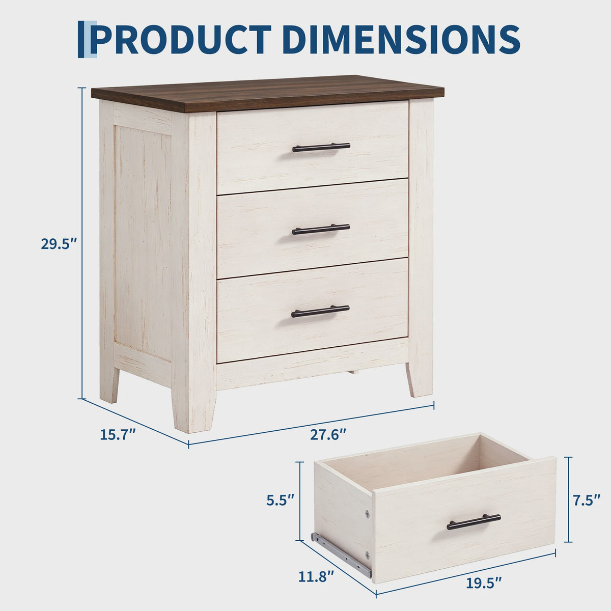 3-Laden Commode Wit Bruin - Compact Nachtkastje en Ladekast voor Slaapkamer/Woonkamer