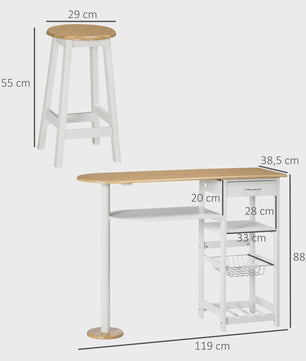 Bartafel Set met 2 Krukjes, Lade, Planken, Mand en Flessenrek - Wit