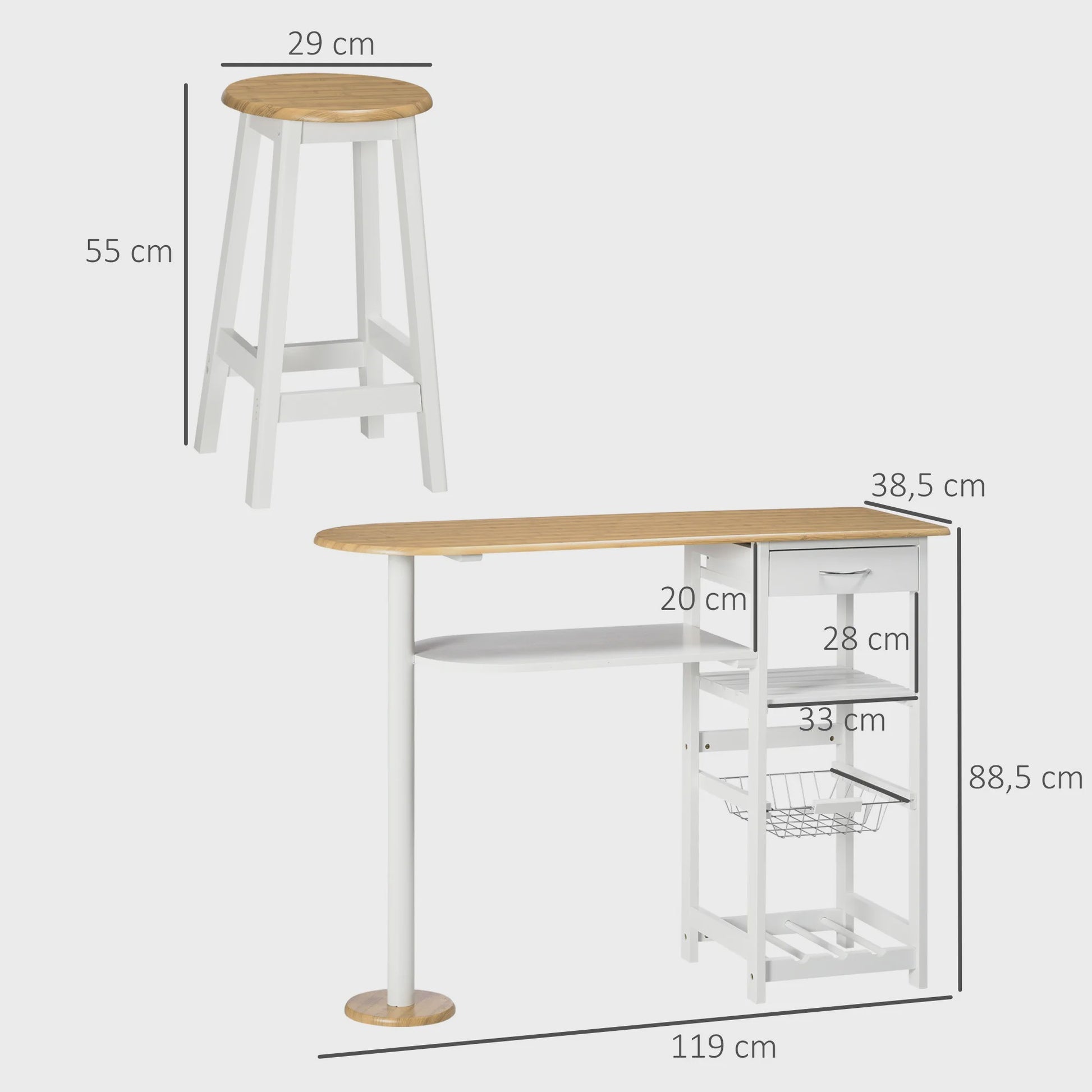 Bartafel Set met 2 Krukjes, Lade, Planken, Mand en Flessenrek - Wit