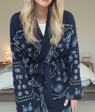 Gebreide Dames Cardigan met Patchwork Print, V-hals en Franjes - Stijlvolle Herfstjas