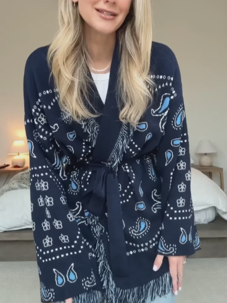 Gebreide Dames Cardigan met Patchwork Print, V-hals en Franjes - Stijlvolle Herfstjas