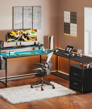 L-vormig Bureau met LED Verlichting, 2 Stopcontacten, USB/Type-C Poorten & Ladeblok - Ideaal voor Gaming & Werk