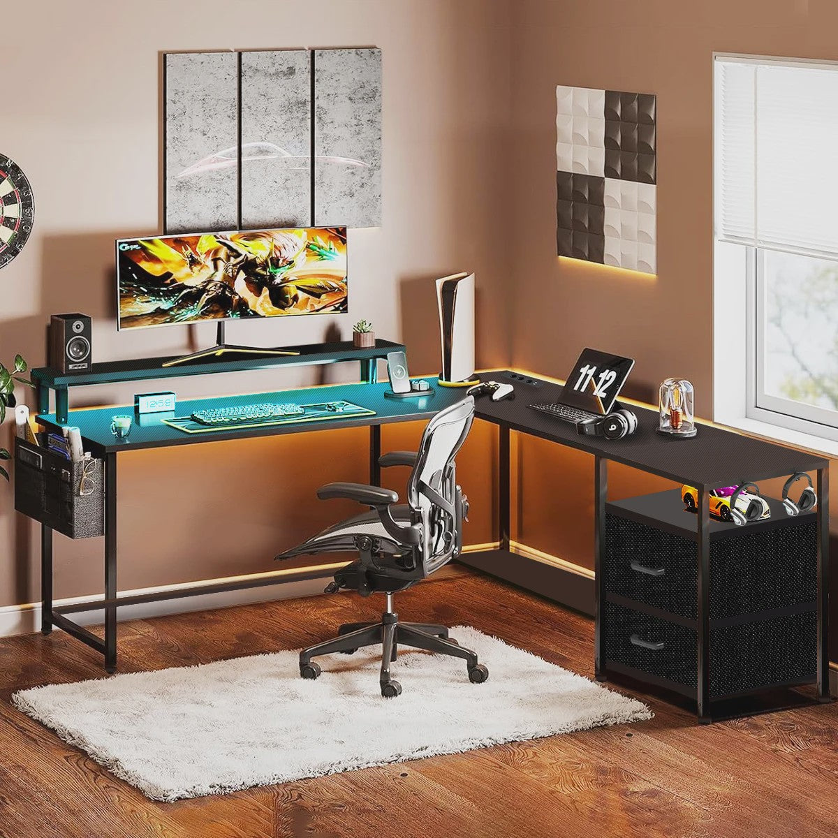 L-vormig Bureau met LED Verlichting, 2 Stopcontacten, USB/Type-C Poorten & Ladeblok - Ideaal voor Gaming & Werk