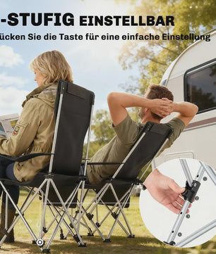 Set van 2 Zwarte Klapstoelen - Camping, Vissen, Strand - Met Voetensteun & Bekerhouder - 120kg Draagkracht