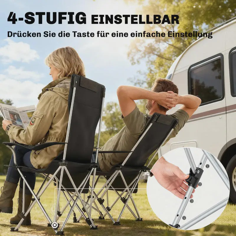 Set van 2 Zwarte Klapstoelen - Camping, Vissen, Strand - Met Voetensteun & Bekerhouder - 120kg Draagkracht