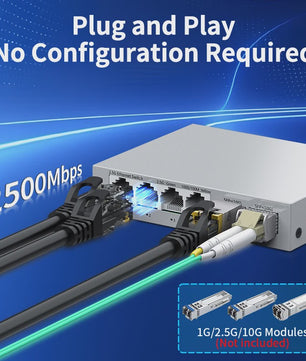 HORACO 2.5Gbps Netwerk Switch met 4x 2.5G RJ45 Poorten en 2x 10G SFP+ Poorten - Fanless, Unmanaged, Plug & Play