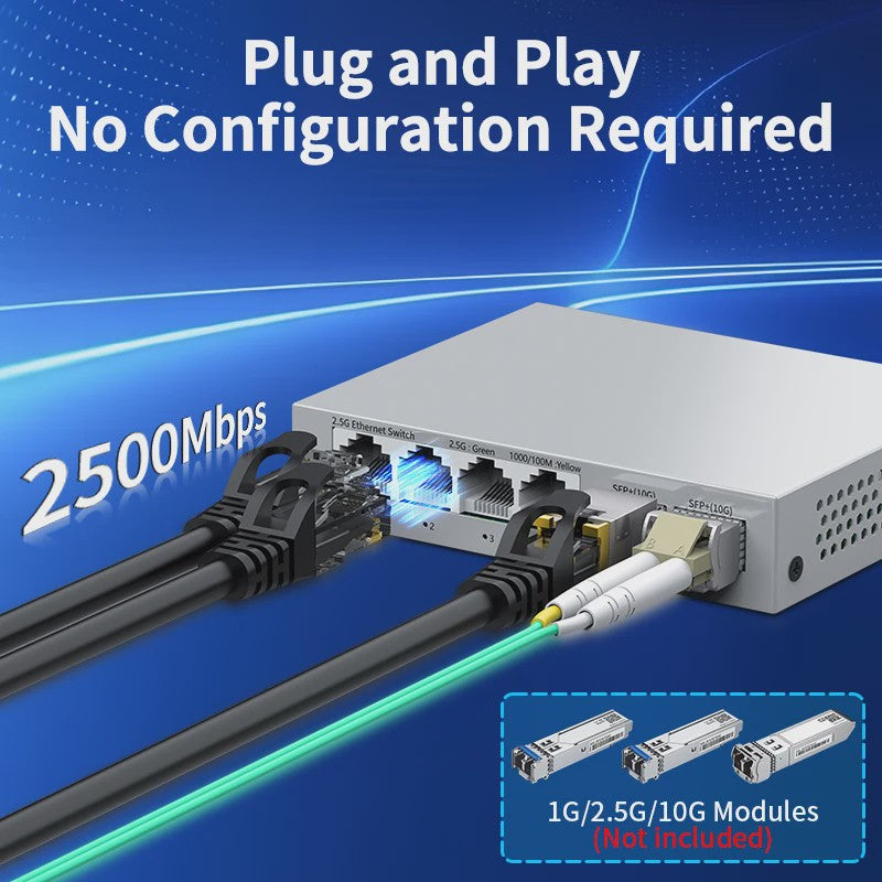 HORACO 2.5Gbps Netwerk Switch met 4x 2.5G RJ45 Poorten en 2x 10G SFP+ Poorten - Fanless, Unmanaged, Plug & Play