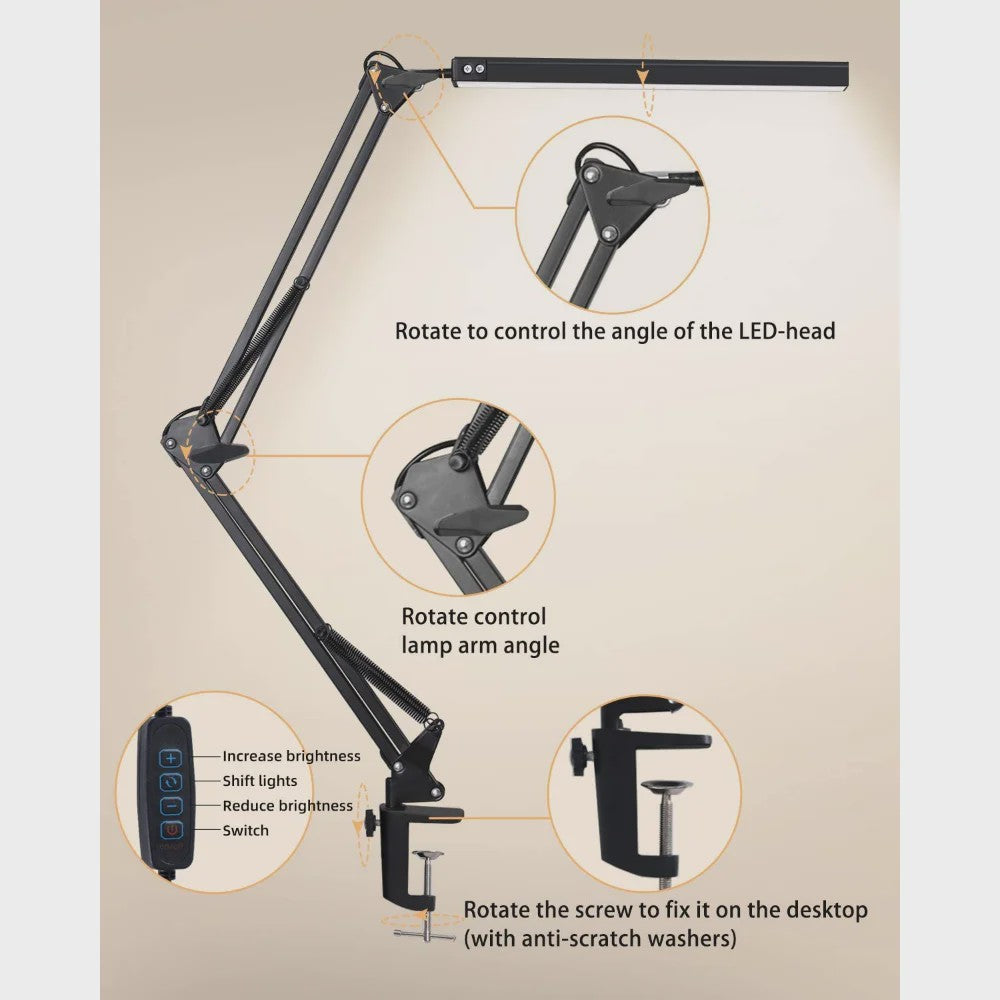 Verstelbare LED Bureaulamp met Klem - 10W, Dimbare Kleur & Helderheid, Oogvriendelijk, USB