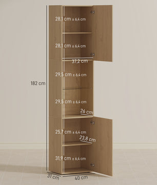 Hoge Smalle Badkamerkast met 6 Niveaus, 2 Deuren en Eikenlook - 40x31x182 cm