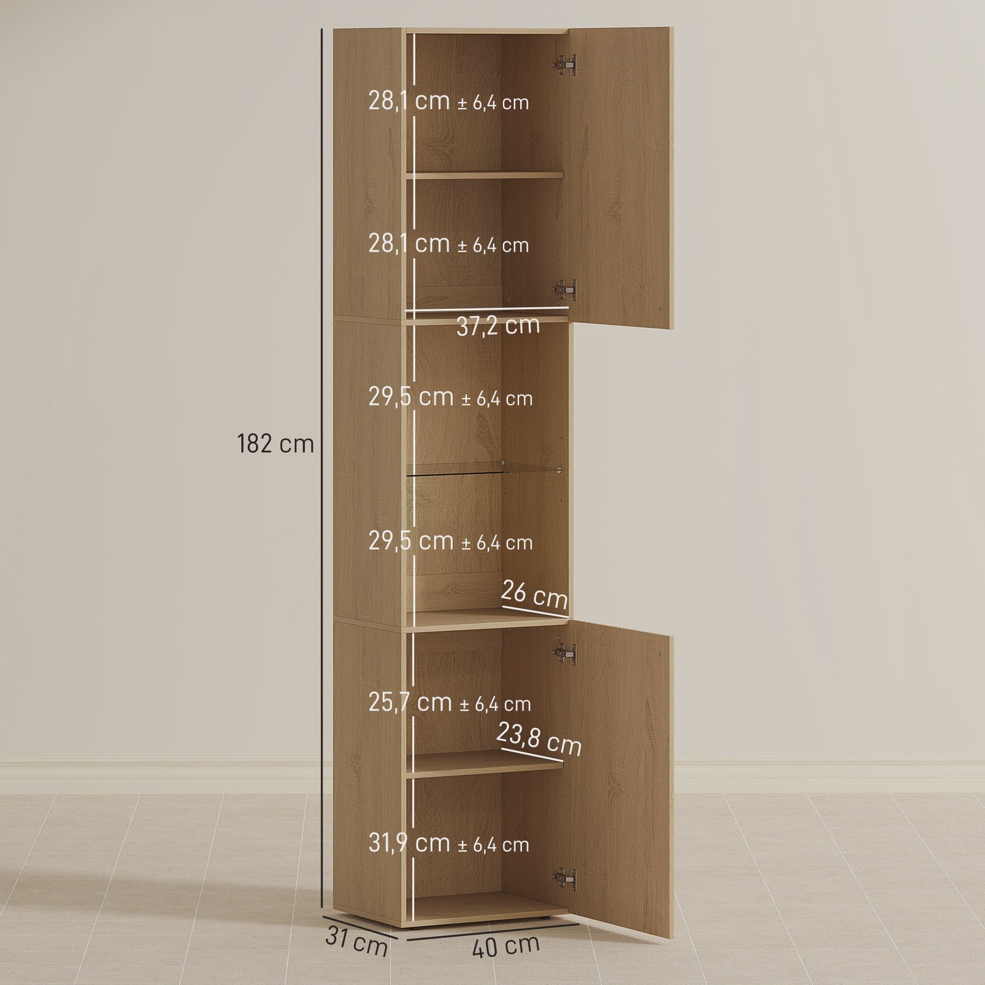 Hoge Smalle Badkamerkast met 6 Niveaus, 2 Deuren en Eikenlook - 40x31x182 cm