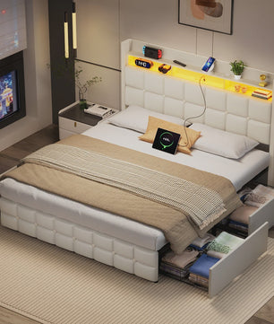 Luxe Gestoffeerd 2-Persoons Bed 140x190cm met PU Hoofdbord, LED Verlichting, USB & Opbergruimte